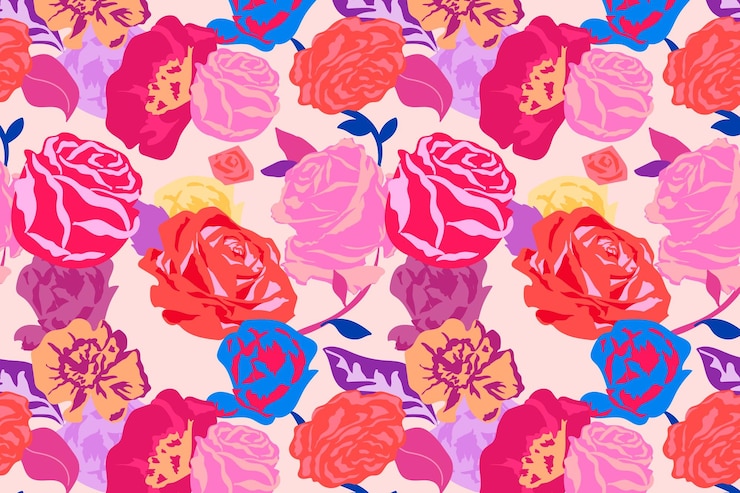 Kostenlose Foto rosa ästhetisches blumenmuster mit buntem hintergrund der rosen