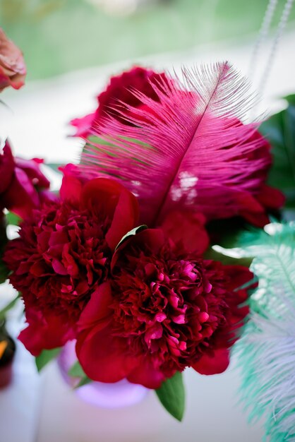 Rosa Feder und rote Pfingstrosen