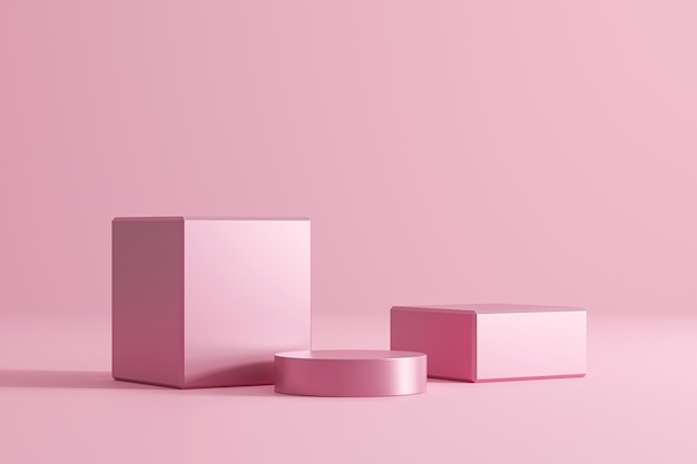 Rosa geometrische sockel oder podest stehen auf leerer produktwand mit pastellfarbenem modekonzept. rosa studio-plattformvorlage. 3d-rendering.