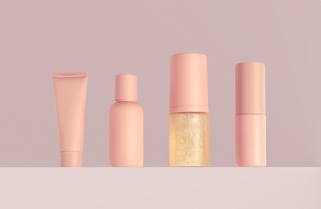 Rosa kosmetikbehälter. kosmetikflaschen für die hautpflege auf lila podium.