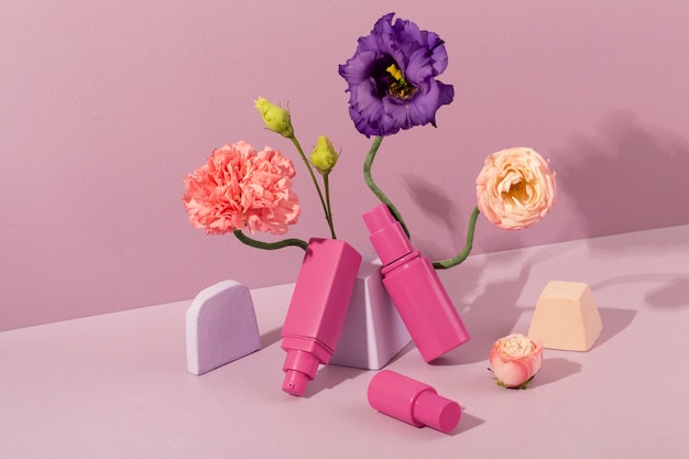 Rosa Kosmetikbehälter und Blumen