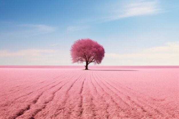 Rosa Naturlandschaft mit Blick auf Baum und Feld