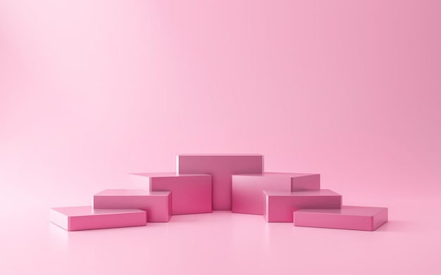 Rosa sockel der treppe oder des podiums stehen auf rosa wand mit kosmetikproduktpräsentationskonzept. modernes rosa luxuriöses display. 3d-rendering.