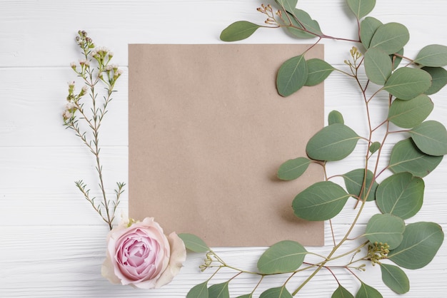 Rose und Zweige in der Nähe von Papier