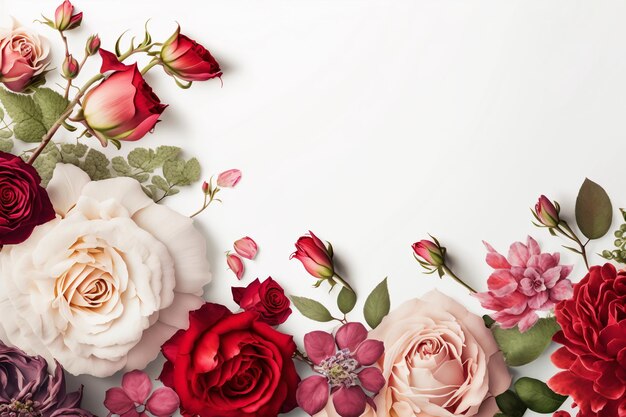 Rosen und Blumen auf weißem Hintergrund