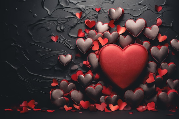 Rote Herzen auf einem dunklen Hintergrund, festlicher Hintergrund für den Valentinstag