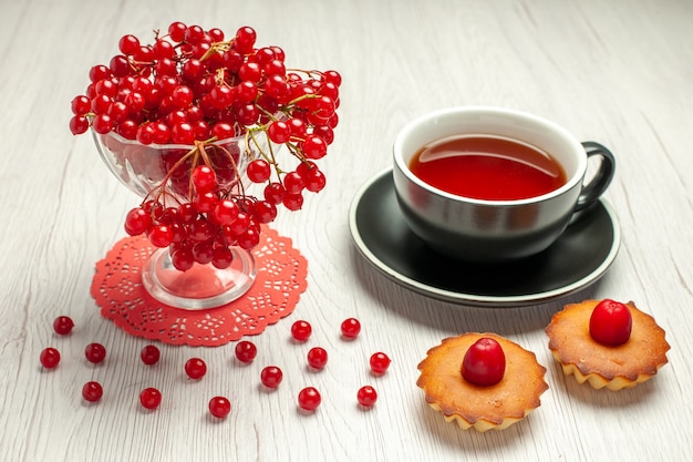 Rote Johannisbeere der Vorderansicht in einem Kristallglas auf dem roten ovalen Spitzendeckchen eine Tasse Tee und Torten auf dem weißen Holztisch