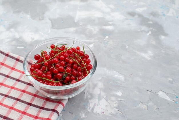 Rote Preiselbeere der Vorderansicht innerhalb der runden Glasplatte auf der grauen Schreibtisch-Cranberry