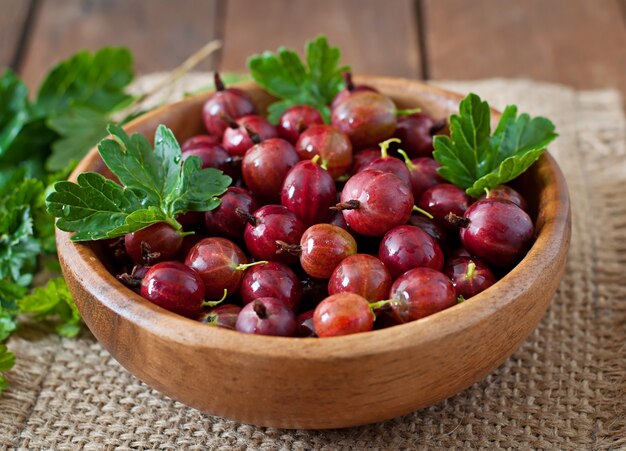 Rote Stachelbeeren in einer Holzschale