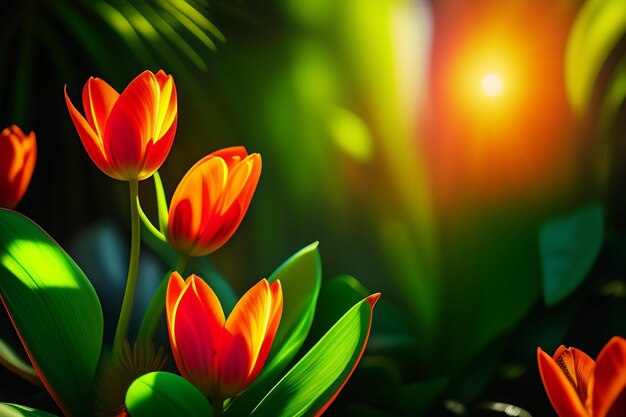 Rote Tulpen in der Sonne mit einem grünen Blatt im Hintergrund