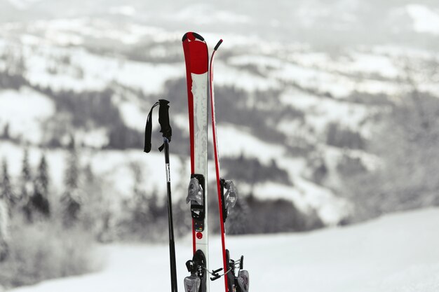 Rote und weiße Ski setzen sich in den Schnee mit großartigem Blick auf die Berge hinter ihnen