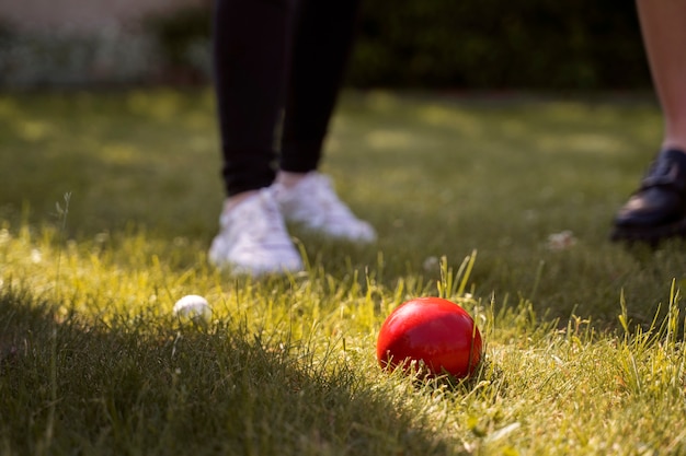 Roter Ball des hohen Winkels auf Gras