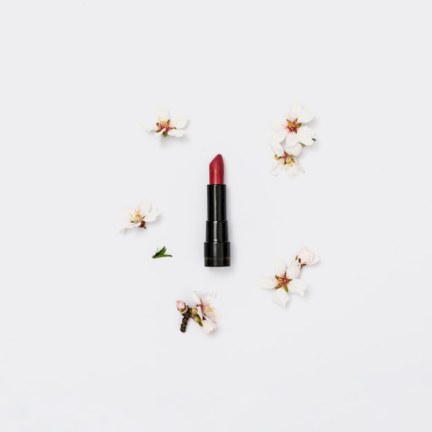 Roter Lippenstift mit dem Frühlingsblütenzweig auf weißem Hintergrund