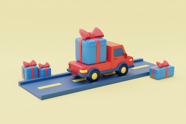 Roter LKW, der Weihnachtsgeschenke liefert