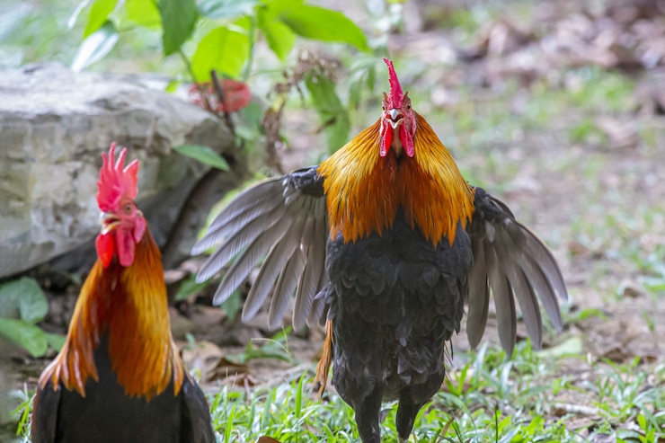 Kostenlose Foto roter und schwarzer hahn auf grünem gras