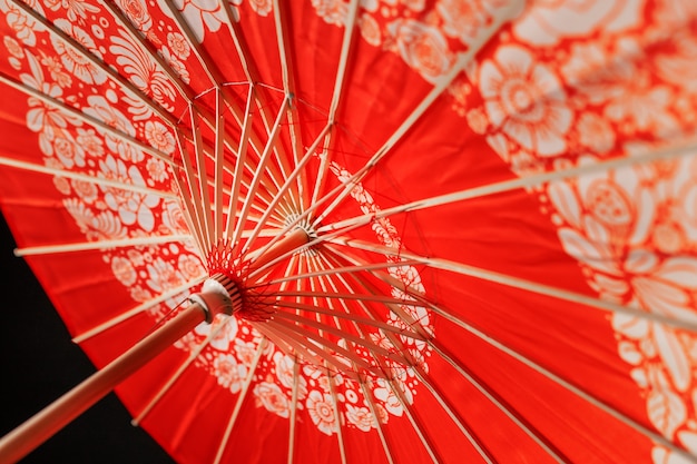 Roter Wagasa-Regenschirm mit Blumenmuster im niedrigen Winkel des Studios