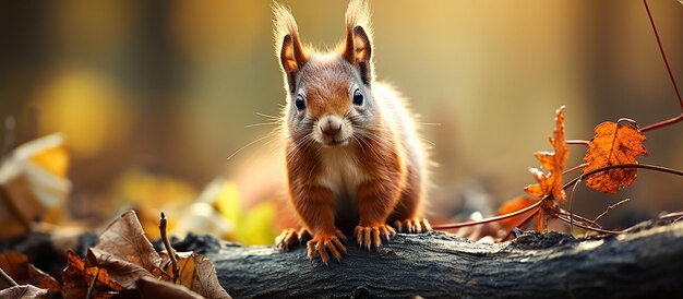 Rotes Eichhörnchen sitzt auf dem Boden im Herbstwald. Niedliches lustiges Tier in der Natur