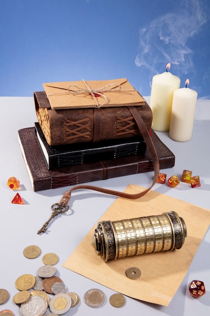 Kostenloses Foto rpg items sortiment hoher winkel