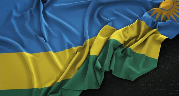 Ruanda-Flagge geknickt auf dunklem Hintergrund 3D Render
