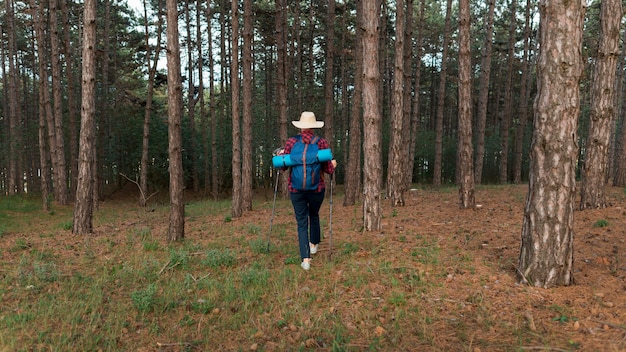 Rückansicht der älteren Touristenfrau mit Rucksack im Wald