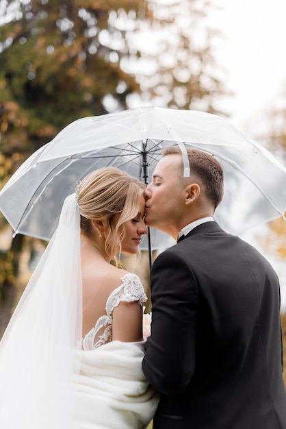 Rückansicht des jungen Bräutigams küsst eine blonde Braut unter einem Regenschirm im Park