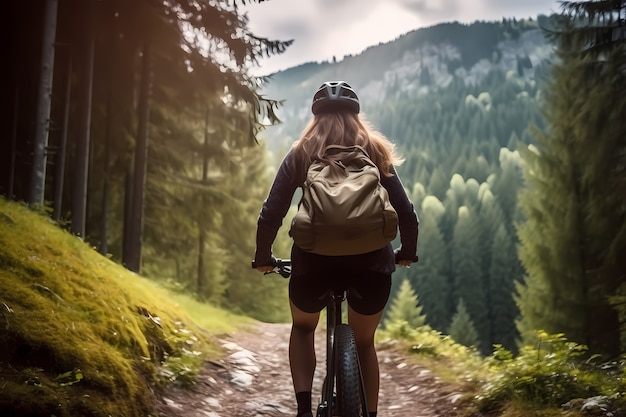 Rückansicht einer Frau auf dem Fahrrad im Freien