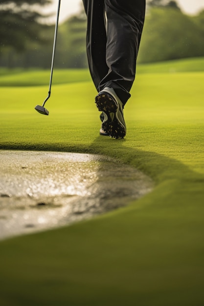 Rückansicht eines Mannes, der in der Natur Golf spielt