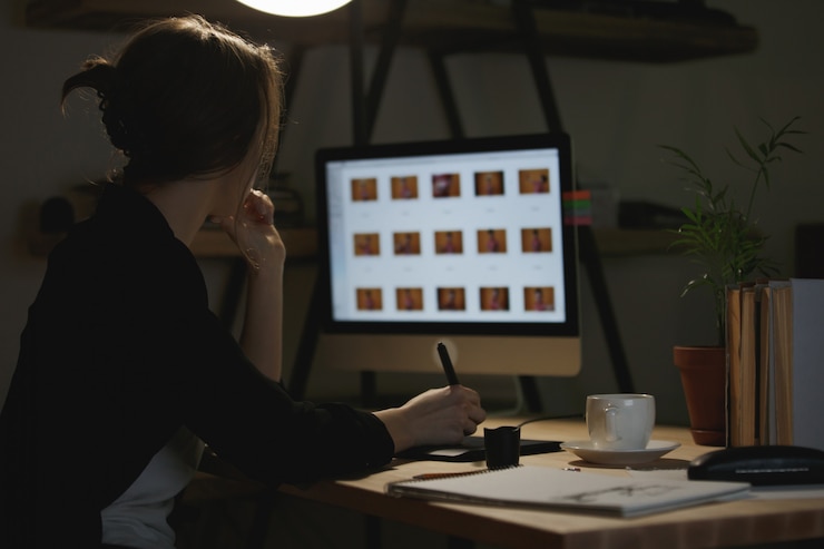 Kostenlose Foto rückansichtbild des konzentrierten jungen dame-designers