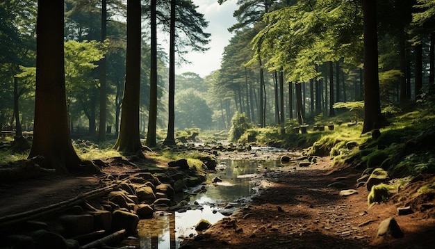 Kostenloses Foto ruhe szene grüner baum spiegelt sich in fließendem wasser herbst schönheit durch künstliche intelligenz generiert