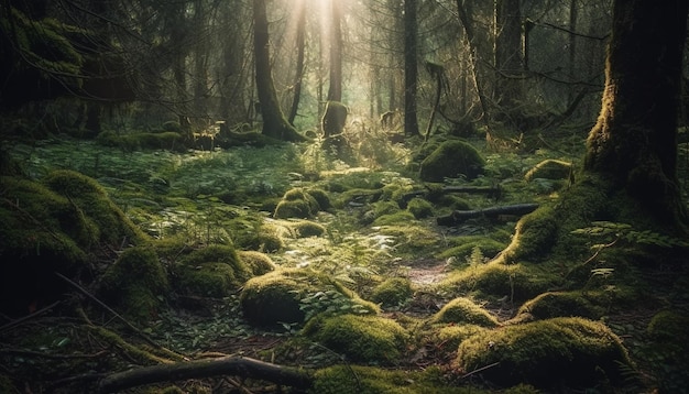 Kostenloses Foto ruhige, geheimnisvolle szene im von ki erzeugten waldnebel