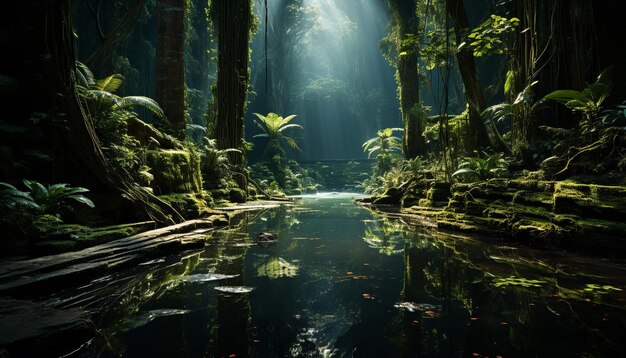 Ruhige Naturschönheit in einem geheimnisvollen tropischen Regenwald, erzeugt durch künstliche Intelligenz