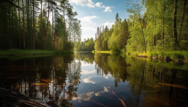 Ruhige Reflexionsszene in einem von KI erzeugten Waldteich