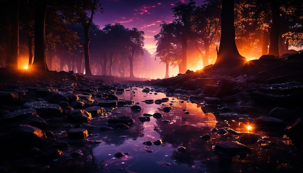 Kostenloses Foto ruhige sonnenuntergangsszene über wald mysteriöse schönheit in der natur, erzeugt durch künstliche intelligenz