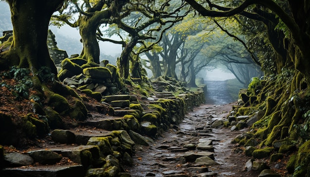 Ruhige Szene, alter Baum, nasser Fußweg, Nebel, geheimnisvoller Herbstwald, erzeugt durch künstliche Intelligenz