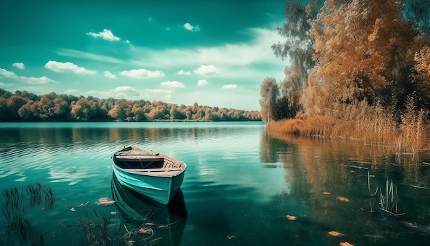 Ruhige Szene auf Teich-Ruderboot bei Sonnenuntergang, generiert von KI