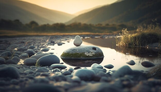 Ruhige Szene aus gestapelten Steinen im Wasser, erzeugt durch KI