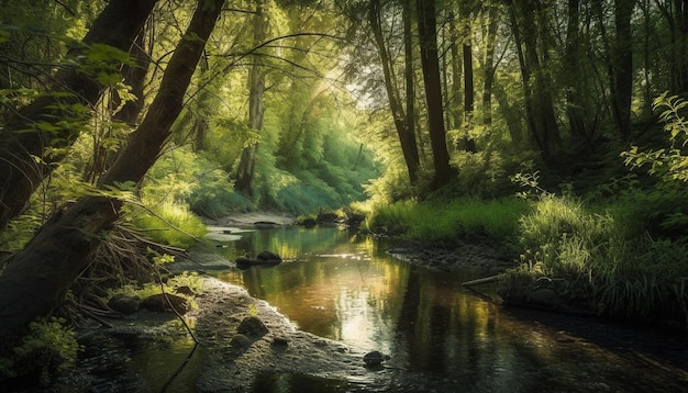 Ruhige Szene des Herbstwaldes, die sich in einem von KI erzeugten Teich widerspiegelt