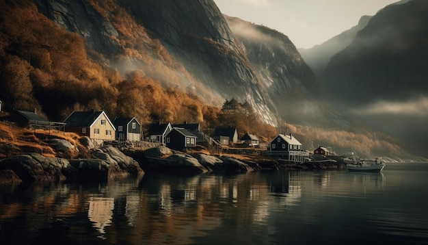 Ruhige Szene einer Berghütte durch von KI erzeugtes Wasser