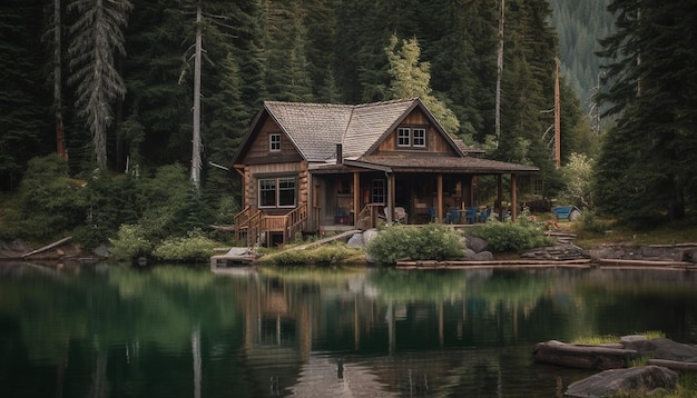 Kostenloses Foto ruhige szene einer rustikalen hütte in der nähe einer von ki erzeugten kiefer