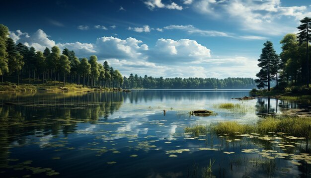 Ruhige Szene einer Sommerwiese, auf der sich der von der KI erzeugte blaue Himmel und die Berge spiegeln