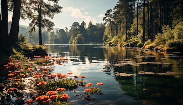 Kostenloses Foto ruhige szene eines grünen waldes, der sich in einem durch künstliche intelligenz erzeugten teich widerspiegelt