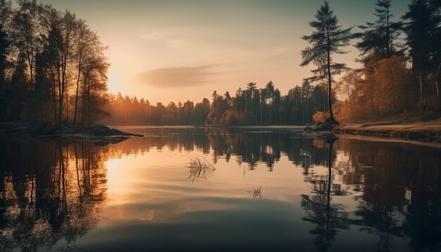 Ruhige Szene eines sonnenbeschienenen Teichs im Herbst, generiert von KI