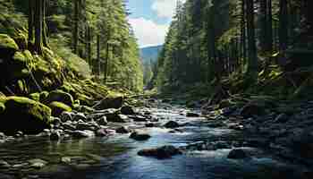 Kostenloses Foto ruhige szene, fließendes wasser, grüner wald, berggipfel, wildnisabenteuer, erzeugt durch künstliche intelligenz