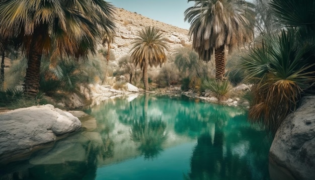 Kostenloses Foto ruhige szene mit palmen am pool, generiert von ki
