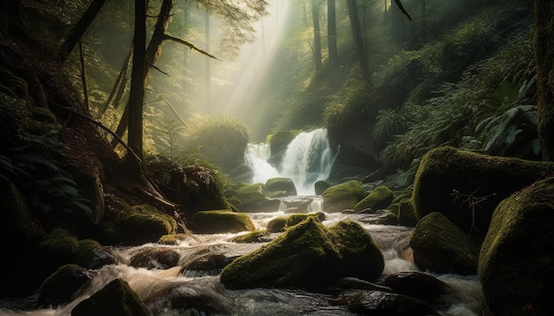 Ruhige Szene von fließendem Wasser im Wald, erzeugt von KI