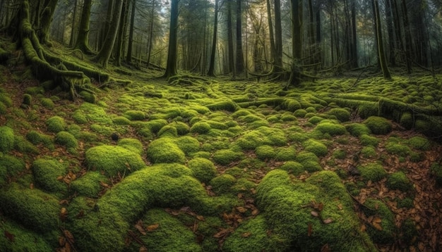 Ruhige Waldlandschaft, grünes Wachstum und Schönheit, erzeugt durch KI