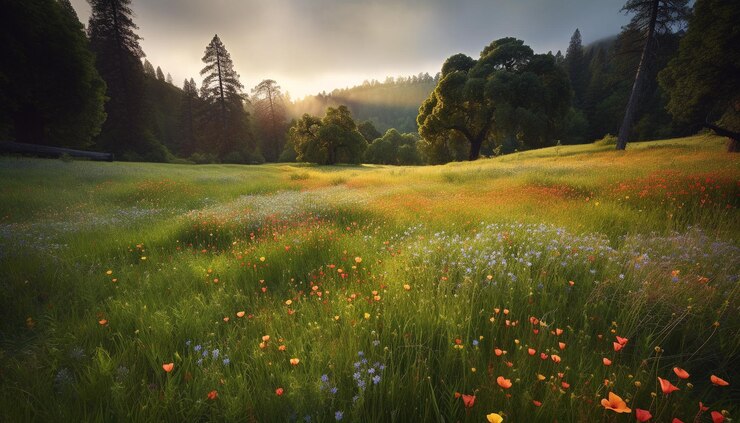 Kostenlose Foto ruhige wiese, grünes gras, gelbe blumen, die von ki erzeugt werden