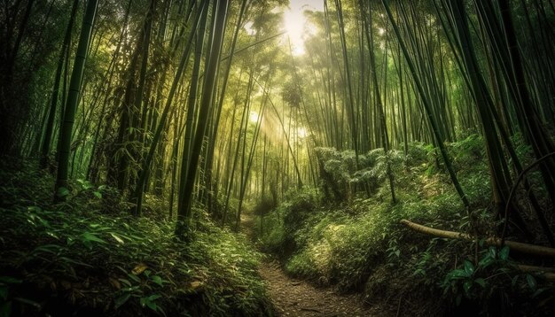 Ruhiger Fußweg schlängelt sich durch lebendigen tropischen Wald, der von KI generiert wurde