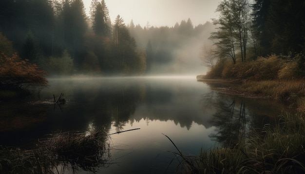 Kostenloses Foto ruhiger herbstwald spiegelt sich in stillem teich wider, der von ki erzeugt wird