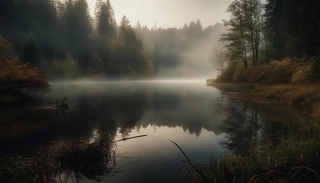 Ruhiger Herbstwald spiegelt sich in stillem Teich wider, der von KI erzeugt wird